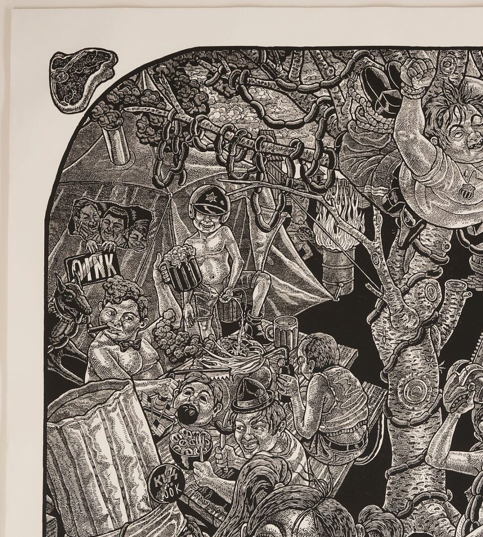Lot 968: Large Tom Huck Woodcut, Pork Chop Suey: Oinktoberfest