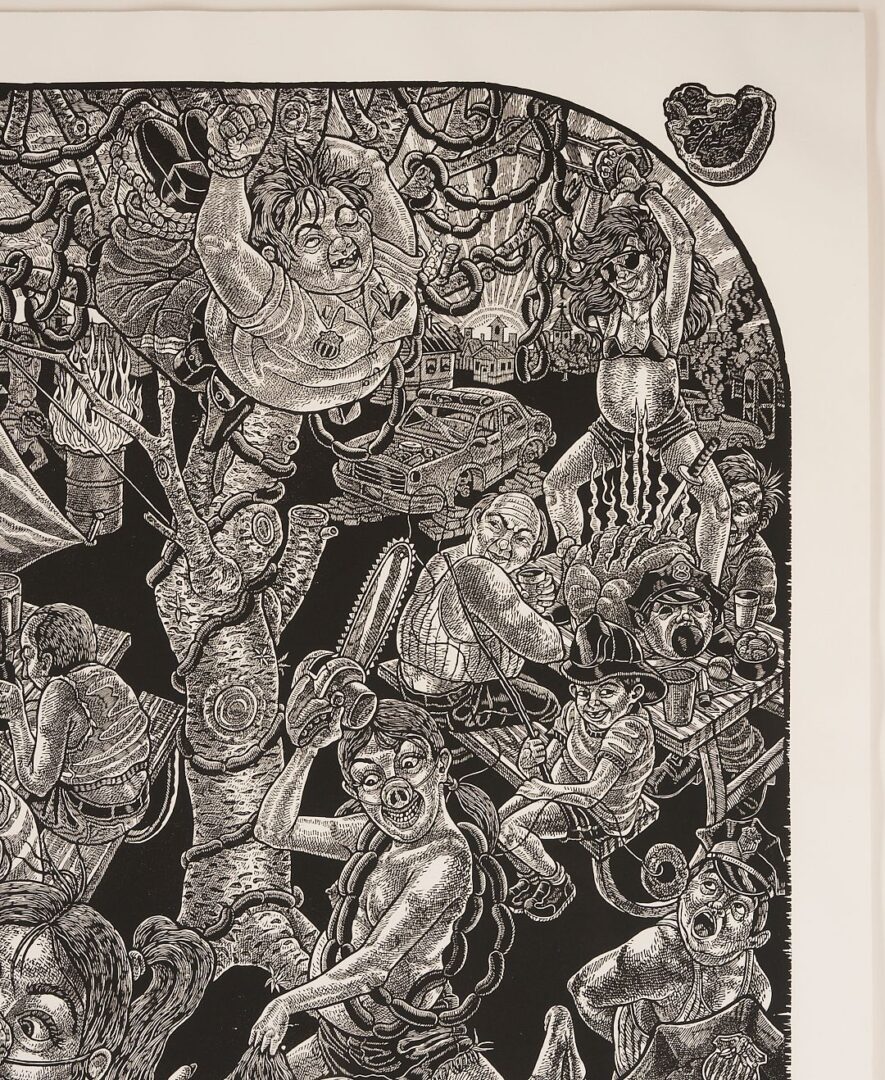 Lot 968: Large Tom Huck Woodcut, Pork Chop Suey: Oinktoberfest