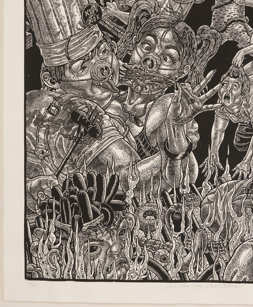 Lot 968: Large Tom Huck Woodcut, Pork Chop Suey: Oinktoberfest