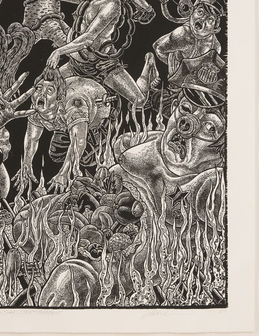 Lot 968: Large Tom Huck Woodcut, Pork Chop Suey: Oinktoberfest