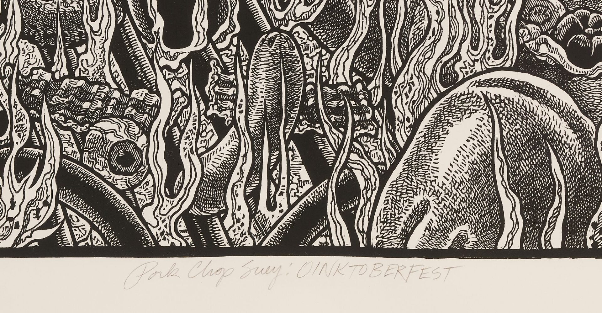 Lot 968: Large Tom Huck Woodcut, Pork Chop Suey: Oinktoberfest
