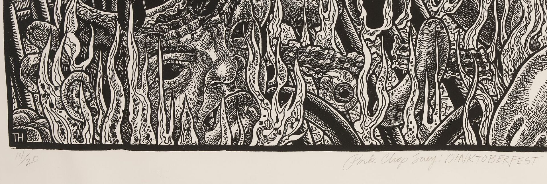 Lot 968: Large Tom Huck Woodcut, Pork Chop Suey: Oinktoberfest