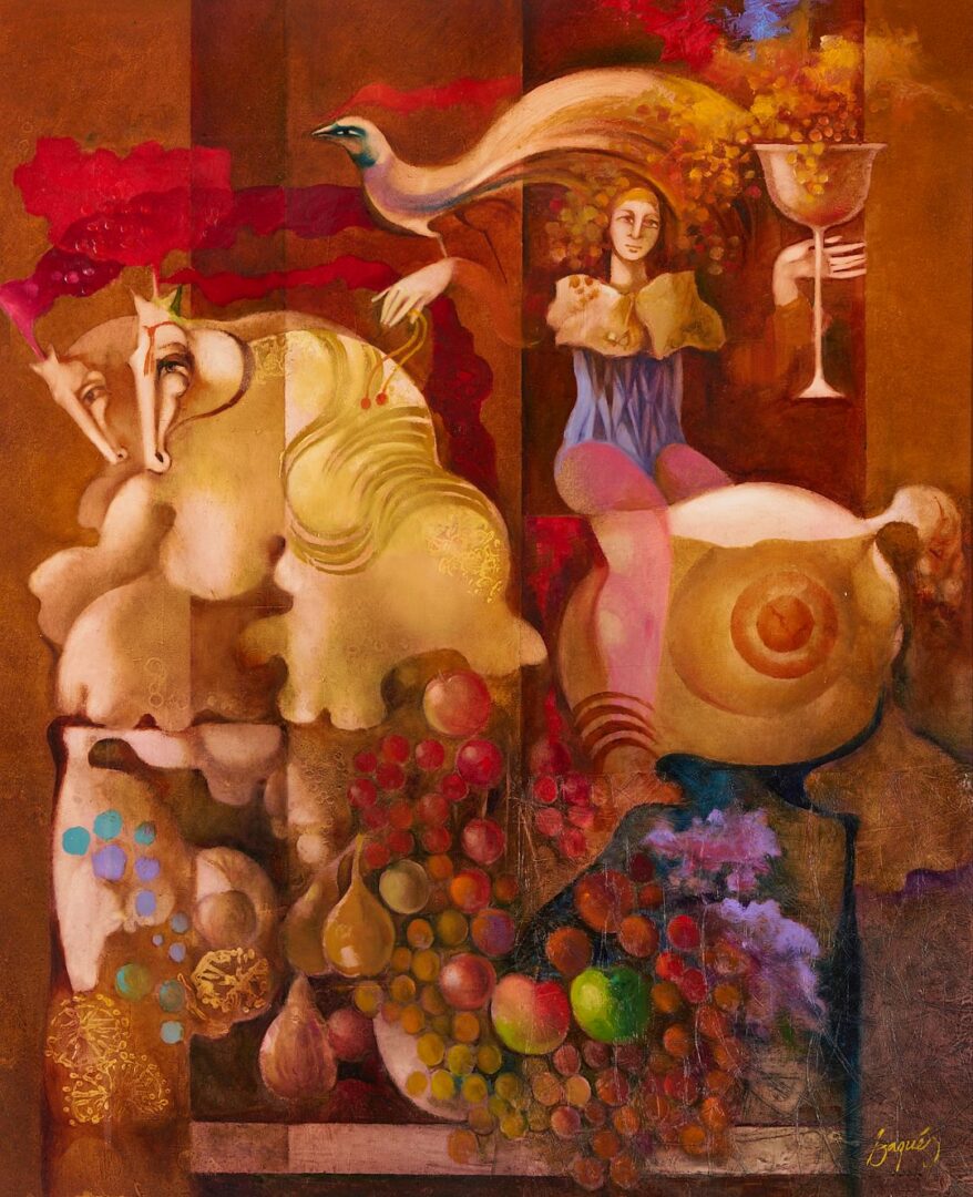 Lot 986: Josep Baques Surrealist Oil on Board Painting