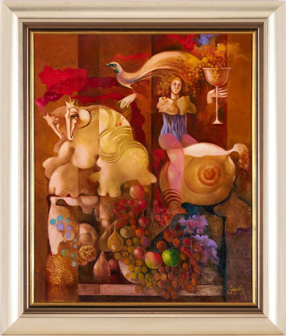 Lot 986: Josep Baques Surrealist Oil on Board Painting
