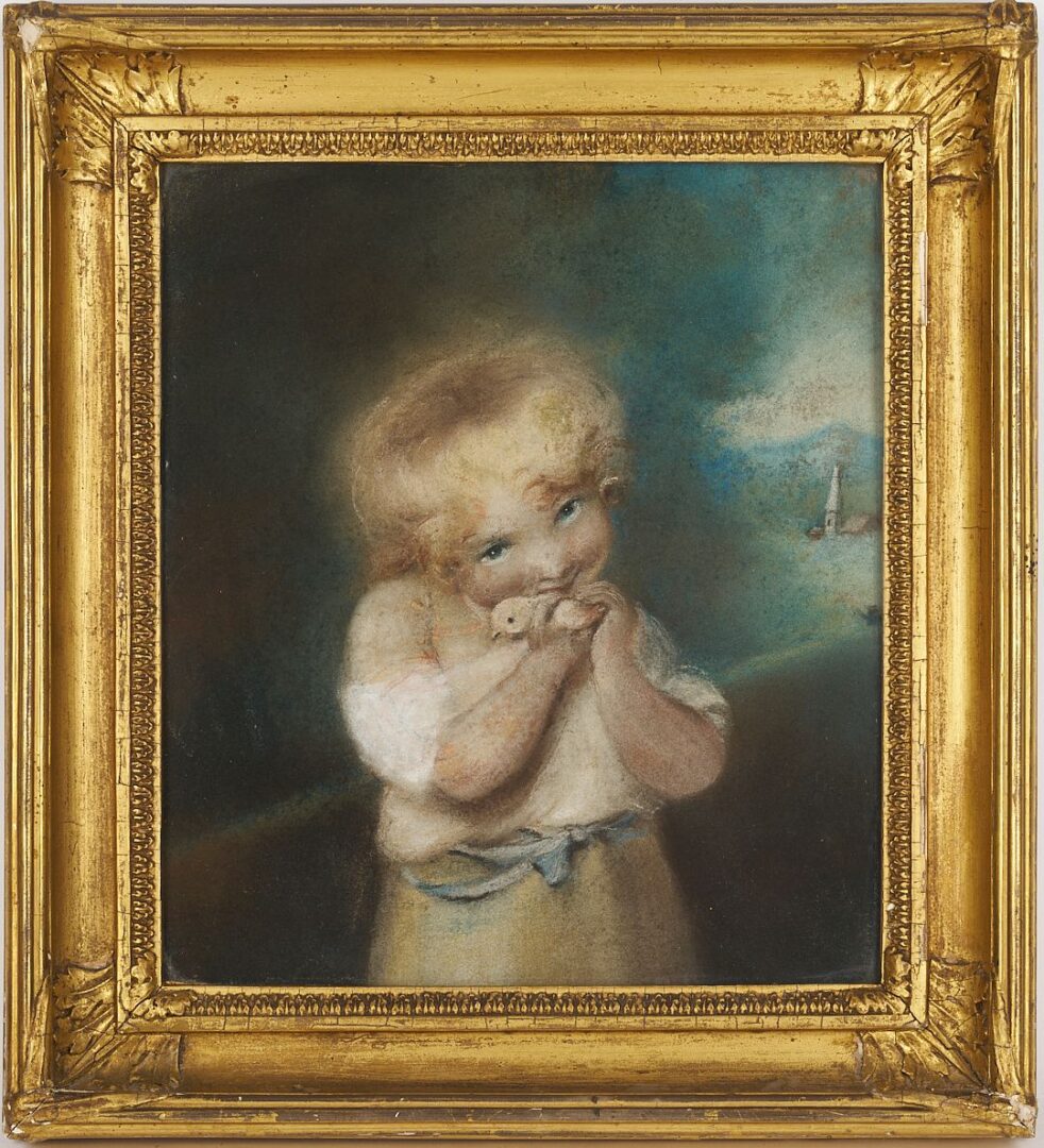 Lot 994: Small 18th C. Pastel Portrait Drawing, Child w/ Chick