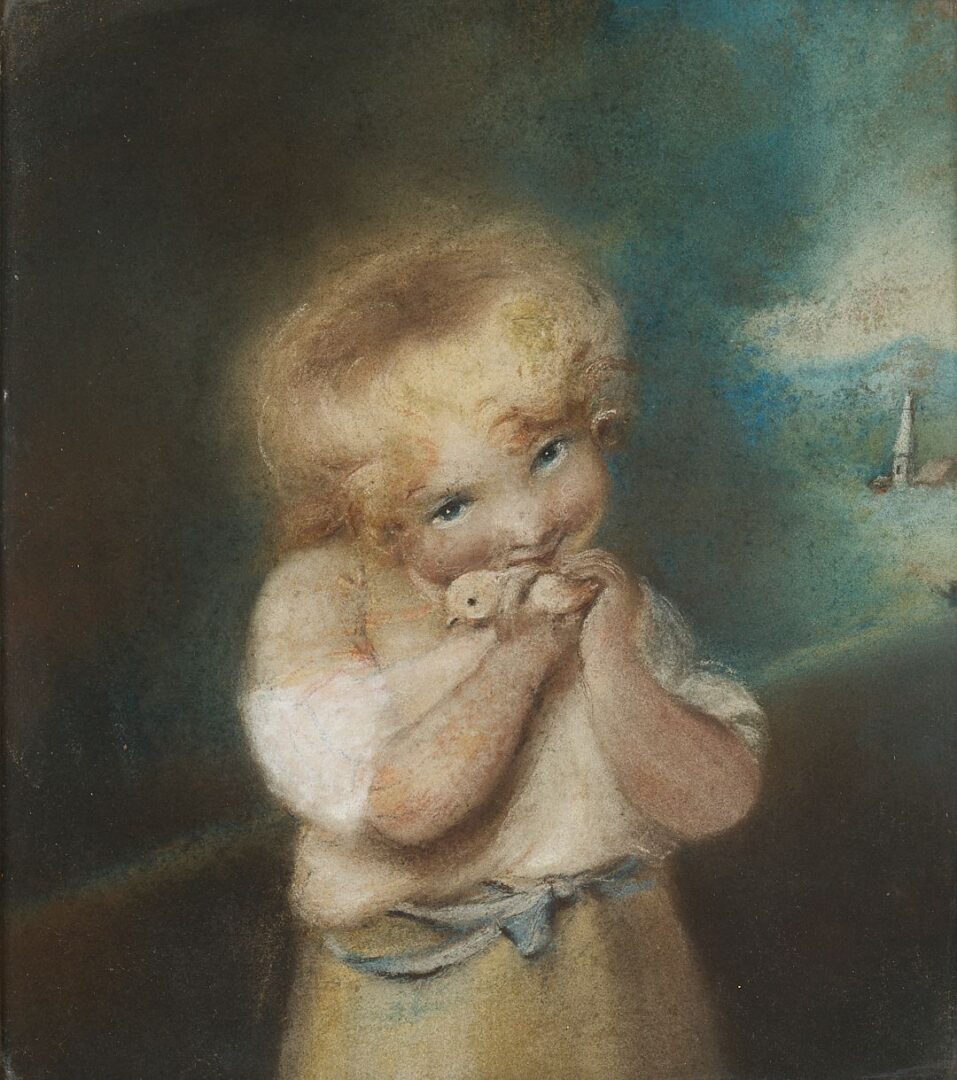 Lot 994: Small 18th C. Pastel Portrait Drawing, Child w/ Chick