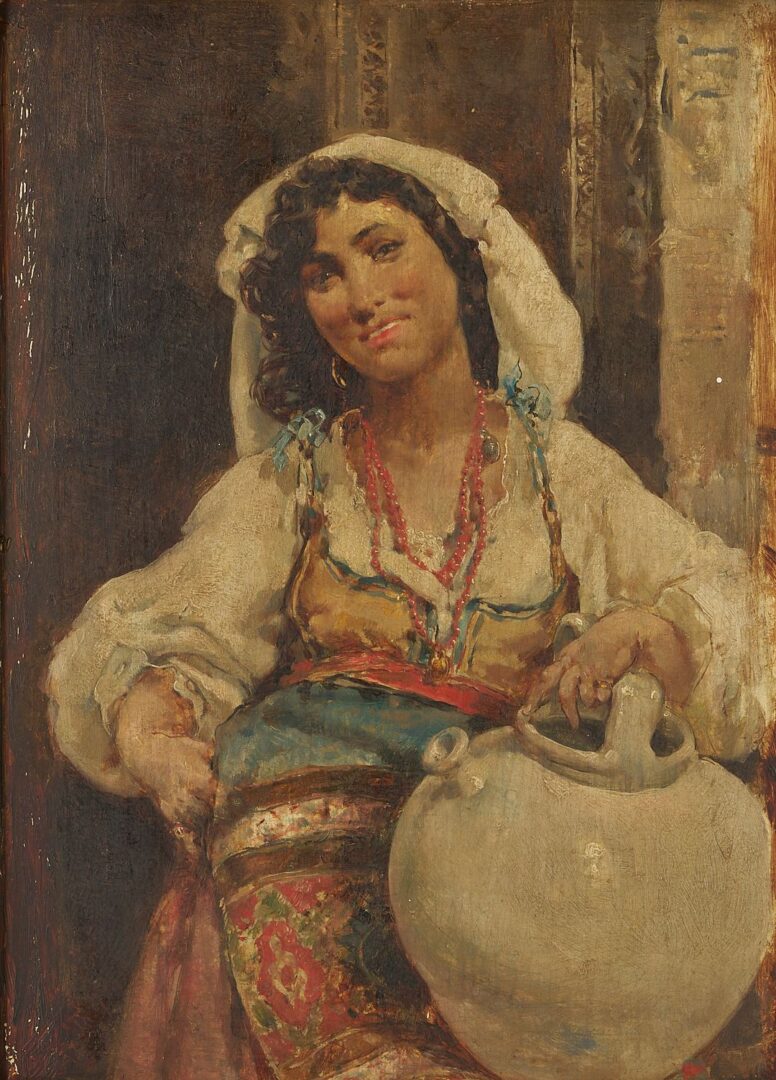Lot 995: 19th c. Continental School Painting, Woman w/ Jug