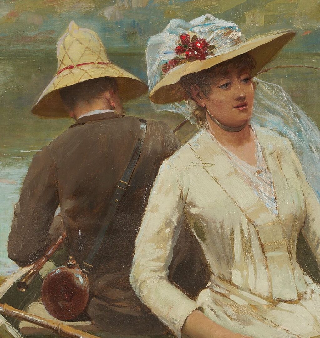 Lot 99: David-Eugene Girin O/C, Fishing Party on Sylans Lake, Ain, Ex-Sotheby’s