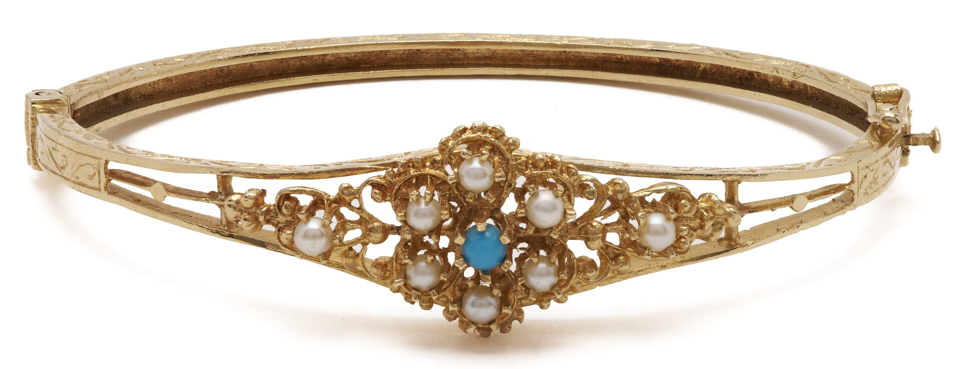 Lot 1000: Vintage 1930s 14K Yellow Gold Bracelet w/ Akoya Pearls & Turquoise