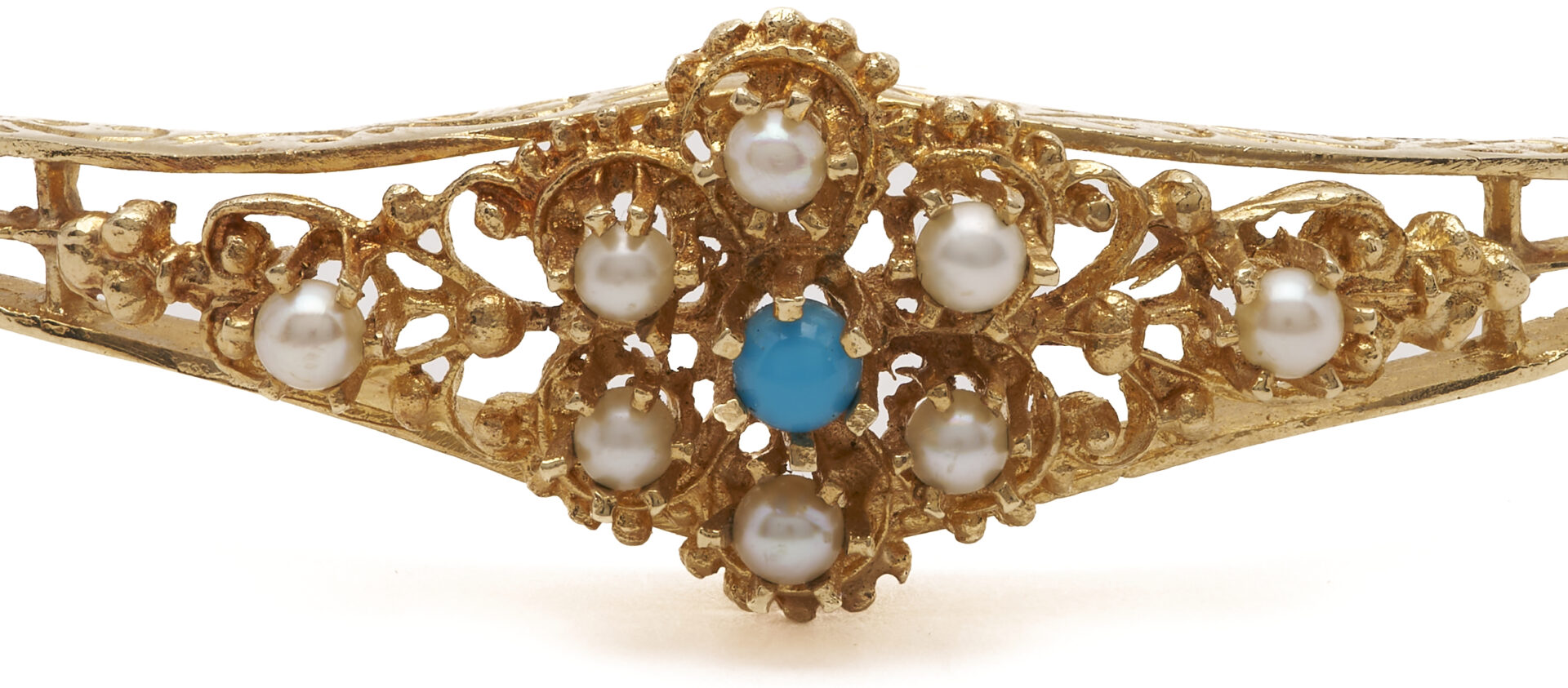 Lot 1000: Vintage 1930s 14K Yellow Gold Bracelet w/ Akoya Pearls & Turquoise