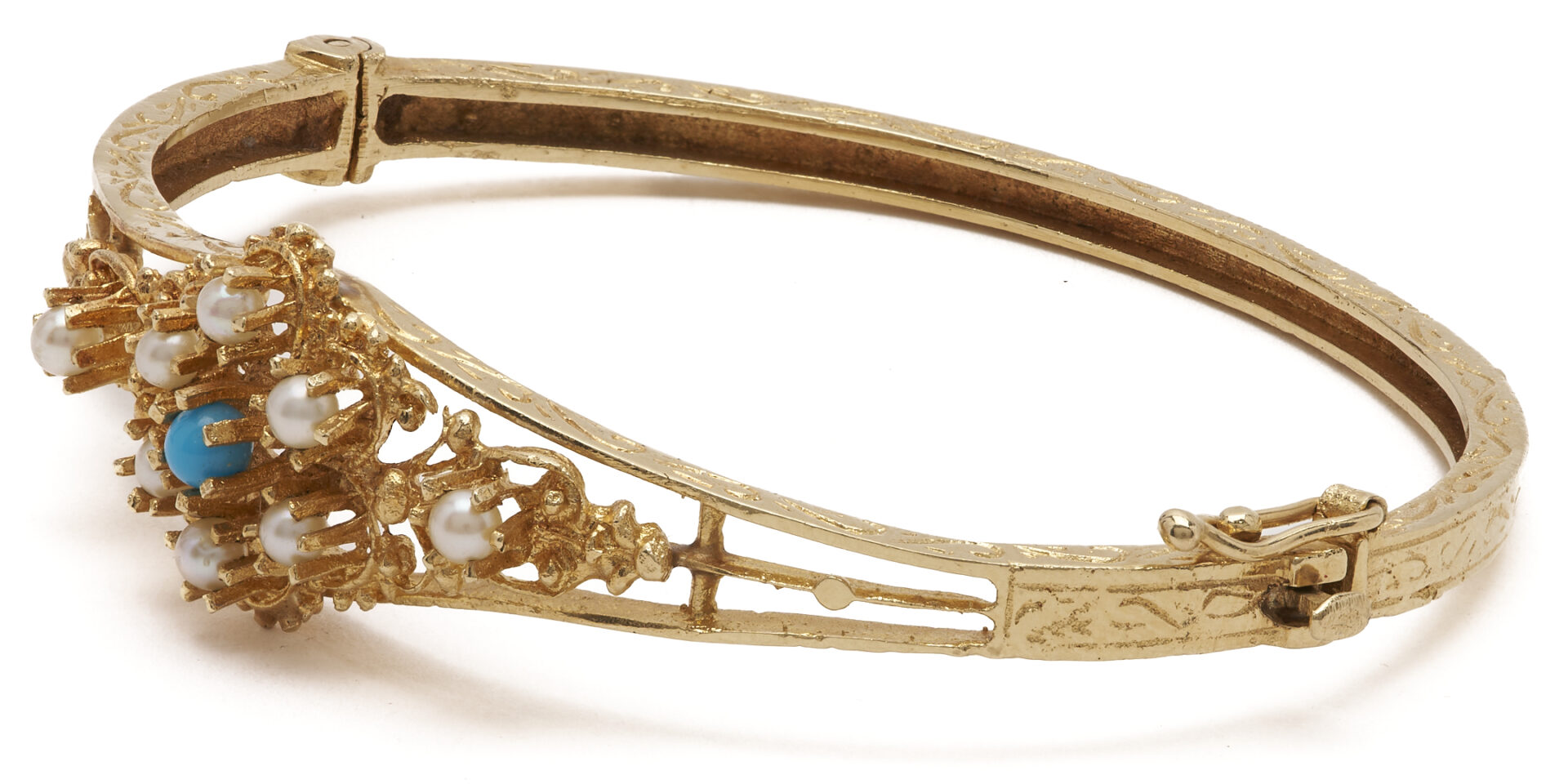 Lot 1000: Vintage 1930s 14K Yellow Gold Bracelet w/ Akoya Pearls & Turquoise