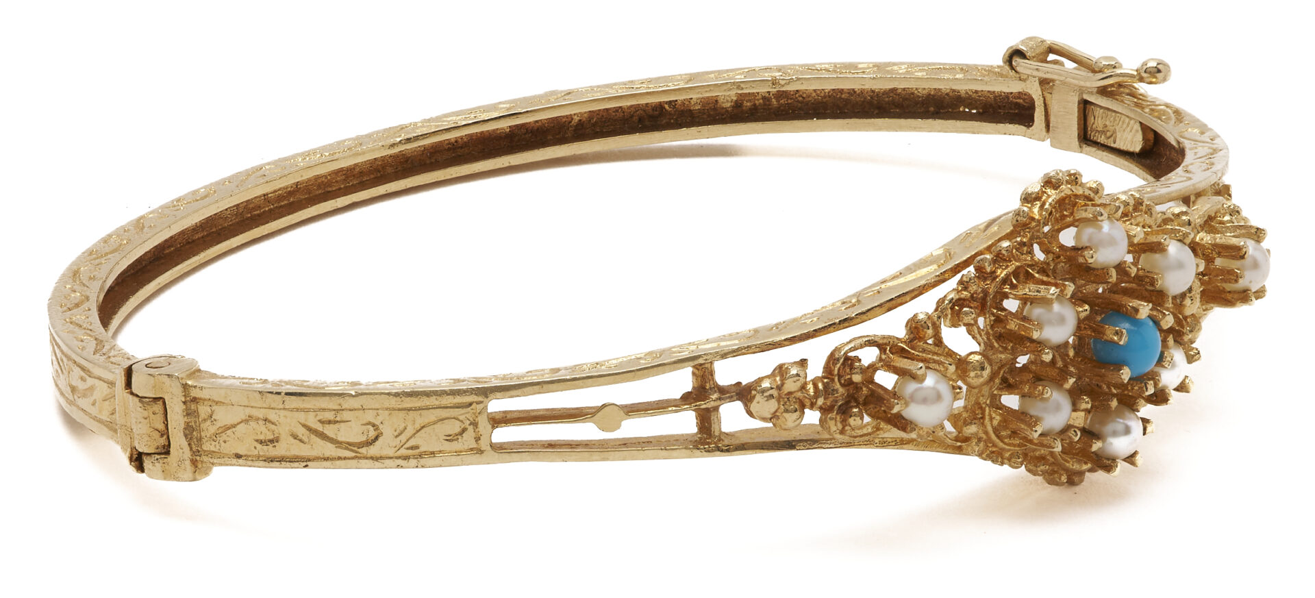 Lot 1000: Vintage 1930s 14K Yellow Gold Bracelet w/ Akoya Pearls & Turquoise