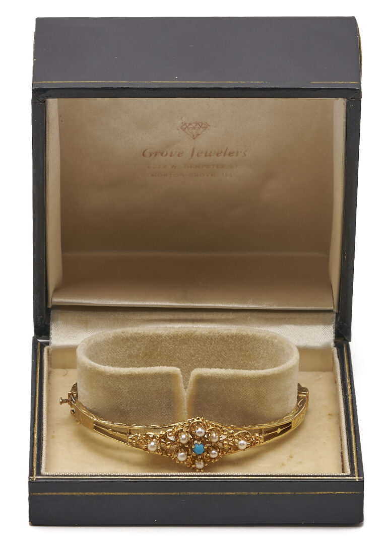 Lot 1000: Vintage 1930s 14K Yellow Gold Bracelet w/ Akoya Pearls & Turquoise