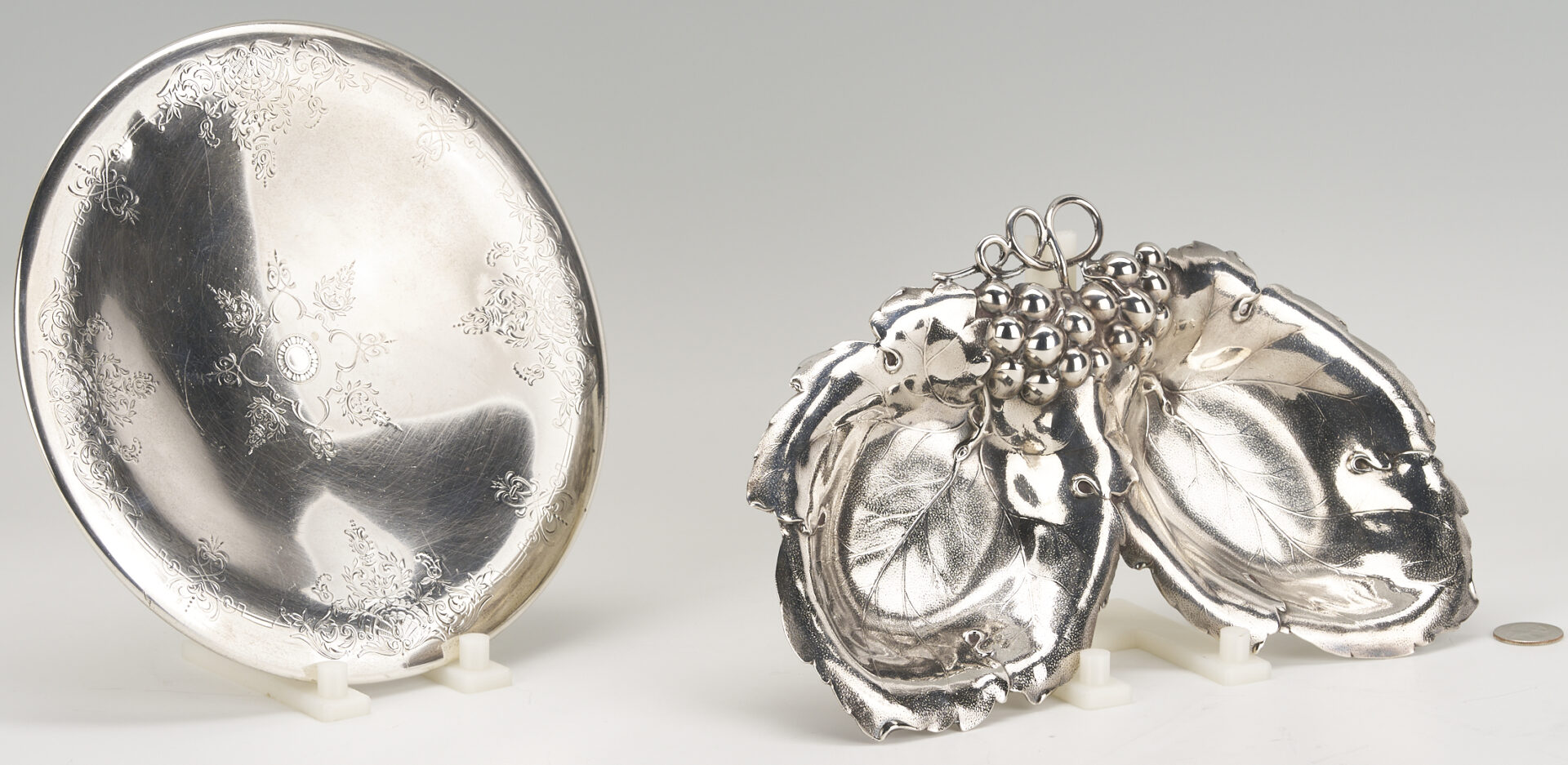 Lot 1006: 2 Sterling Dishes: Grapeleaf Double Bowl plus Towle Cake Plate