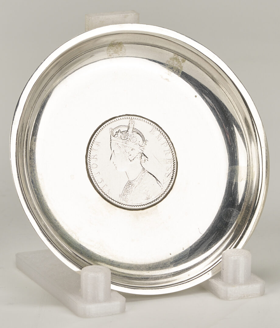 Lot 1015: 6 Sterling Silver Bread Plates & 4 Queen Victoria/King George Rupee Silver Coasters