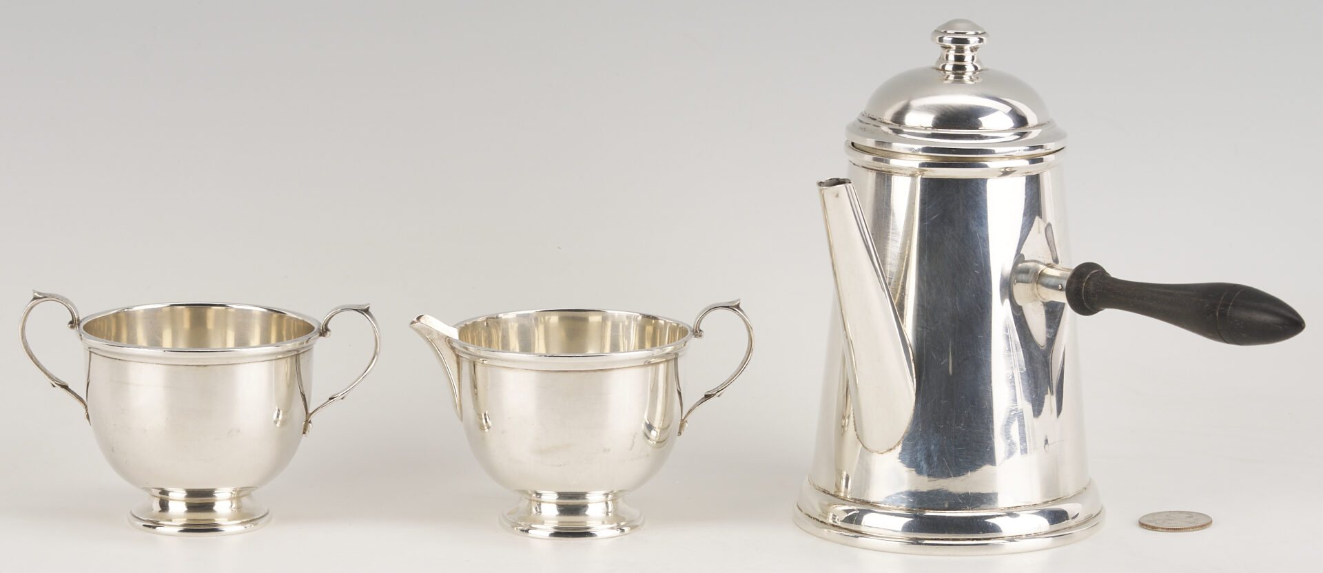 Lot 1018: 3 Sterling Silver Items: Chocolate Pot, Creamer, & Sugar