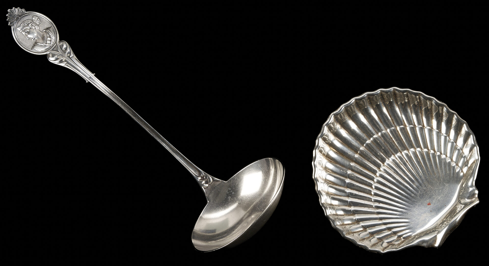 Lot 1023: 5 Sterling Silver Items Incl. Wood & Hughes, NY Diana Ladle & Tiffany Cake Set