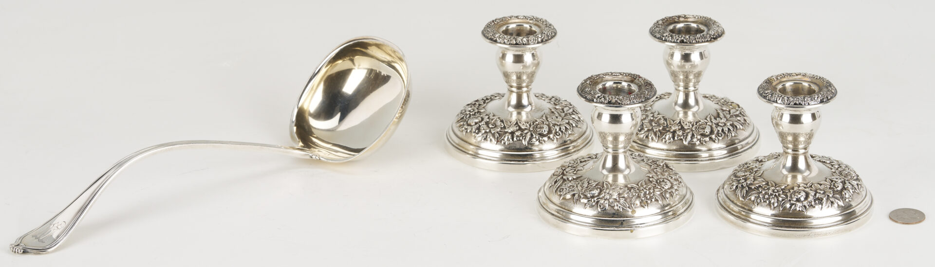 Lot 1027: 4 S. Kirk & Sons Sterling Candlesticks & Towle Sterling Ladle