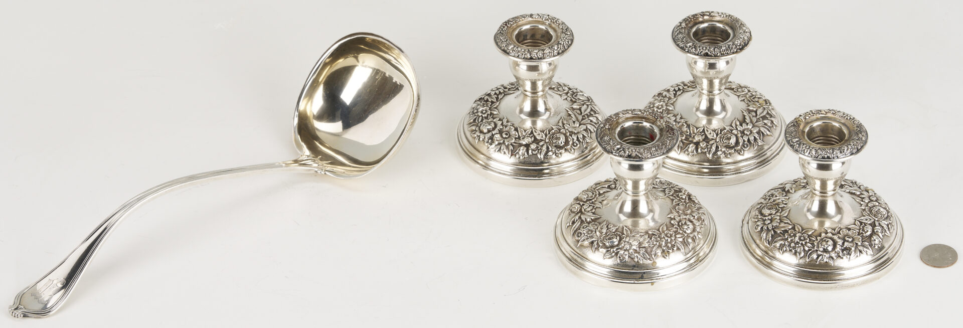 Lot 1027: 4 S. Kirk & Sons Sterling Candlesticks & Towle Sterling Ladle