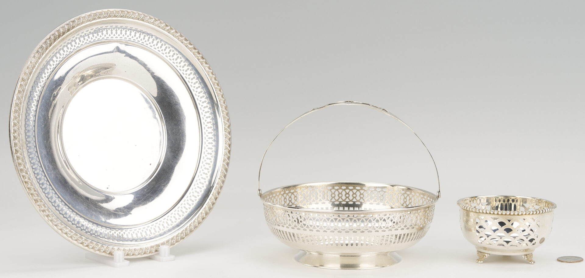 Lot 1029: 3 Reticulated Sterling Silver Items: Basket, Bowl, Plate
