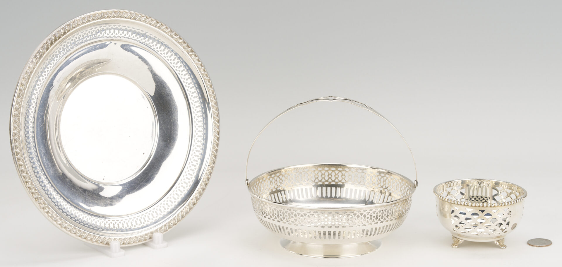 Lot 1029: 3 Reticulated Sterling Silver Items: Basket, Bowl, Plate
