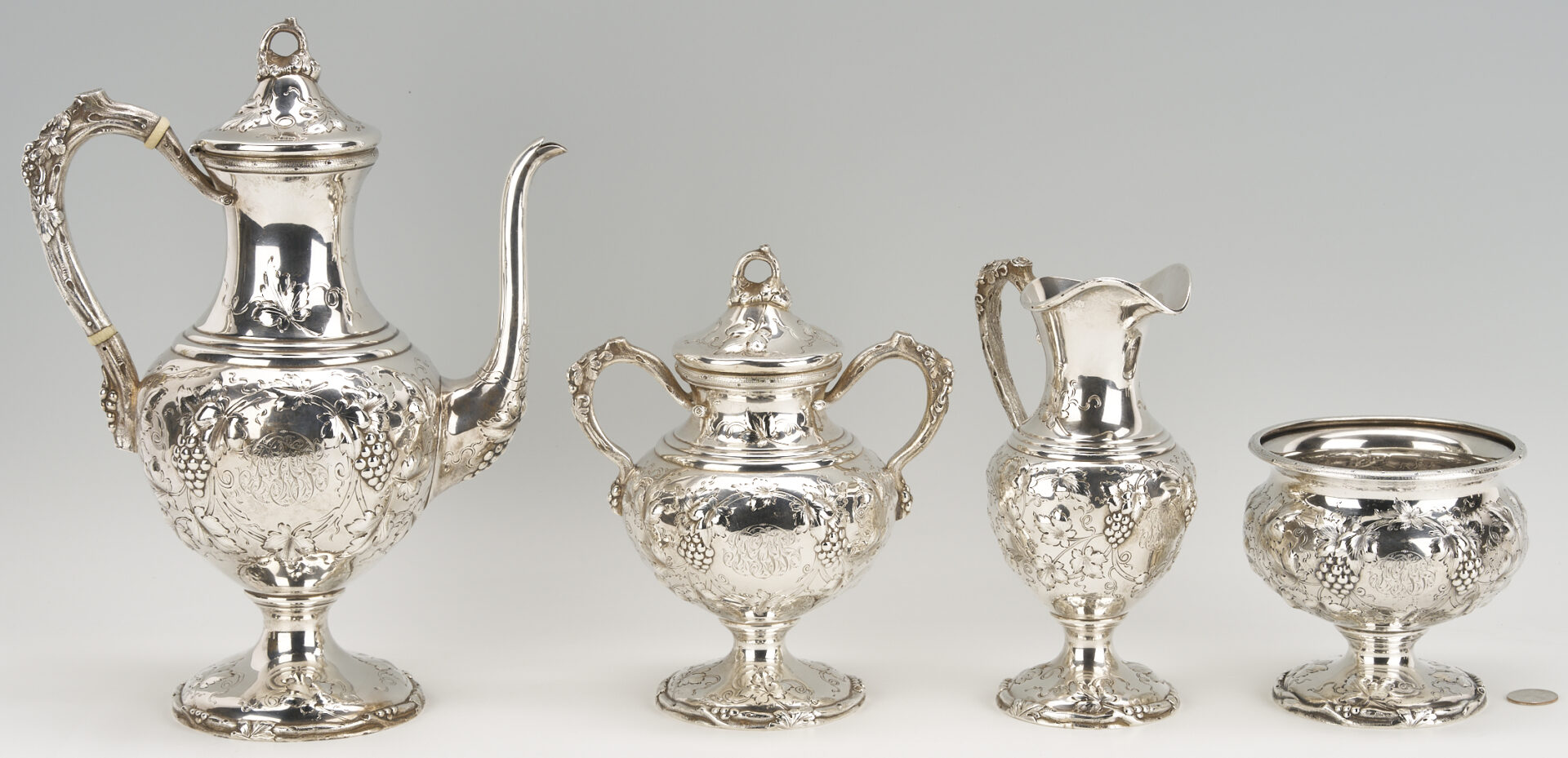 Lot 102: Schultz Repousse Sterling 4 pc. Tea Set, Sylvan Bros. retailed