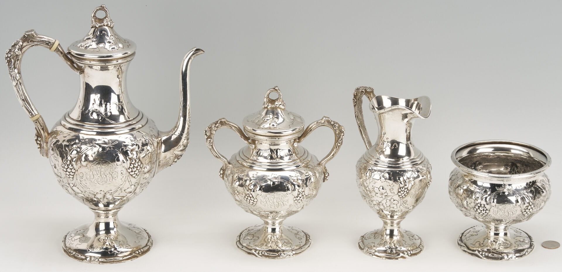 Lot 102: Schultz Repousse Sterling 4 pc. Tea Set, Sylvan Bros. retailed