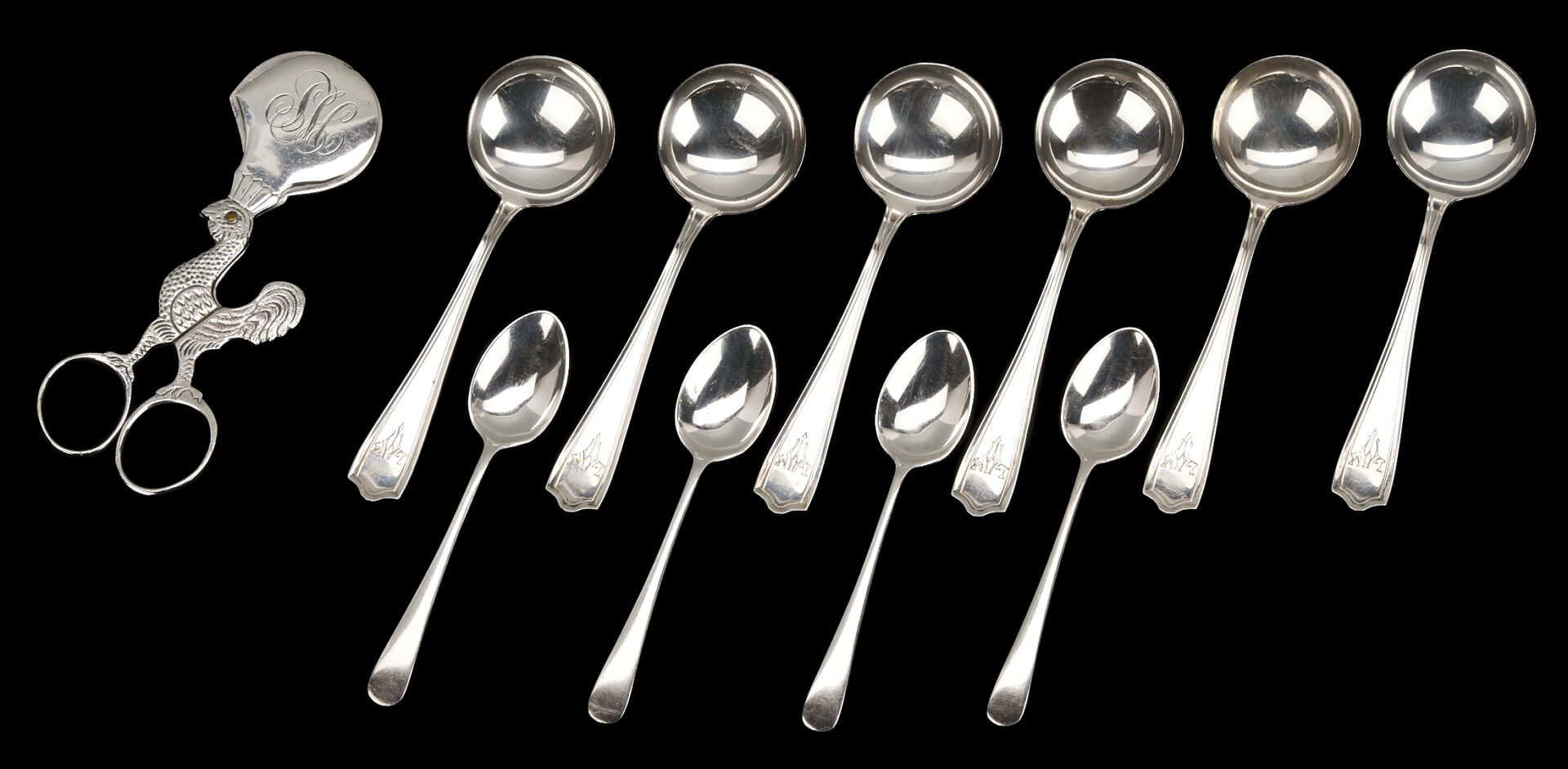 Lot 1032: 12 Sterling Silver Items: Plate, Spoons, Egg Cutter