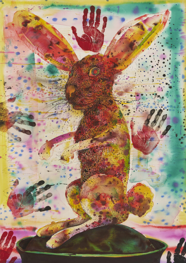 Lot 1043: Robert Warrens Modernist W/C Painting w/ Rabbit, Handprints in the Sky