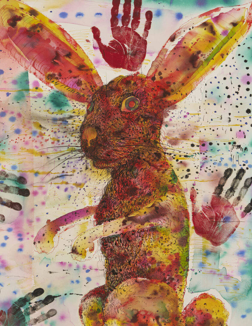 Lot 1043: Robert Warrens Modernist W/C Painting w/ Rabbit, Handprints in the Sky