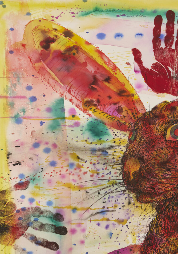 Lot 1043: Robert Warrens Modernist W/C Painting w/ Rabbit, Handprints in the Sky