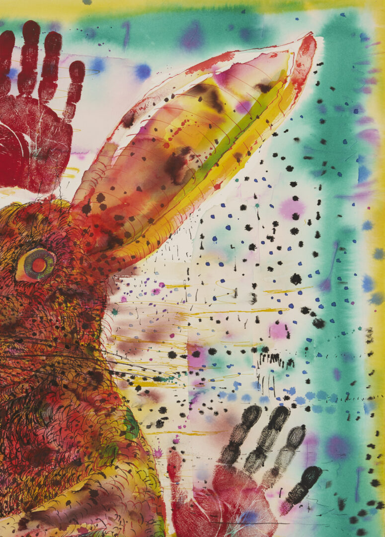 Lot 1043: Robert Warrens Modernist W/C Painting w/ Rabbit, Handprints in the Sky