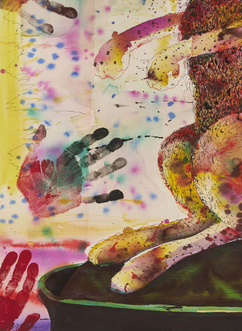 Lot 1043: Robert Warrens Modernist W/C Painting w/ Rabbit, Handprints in the Sky