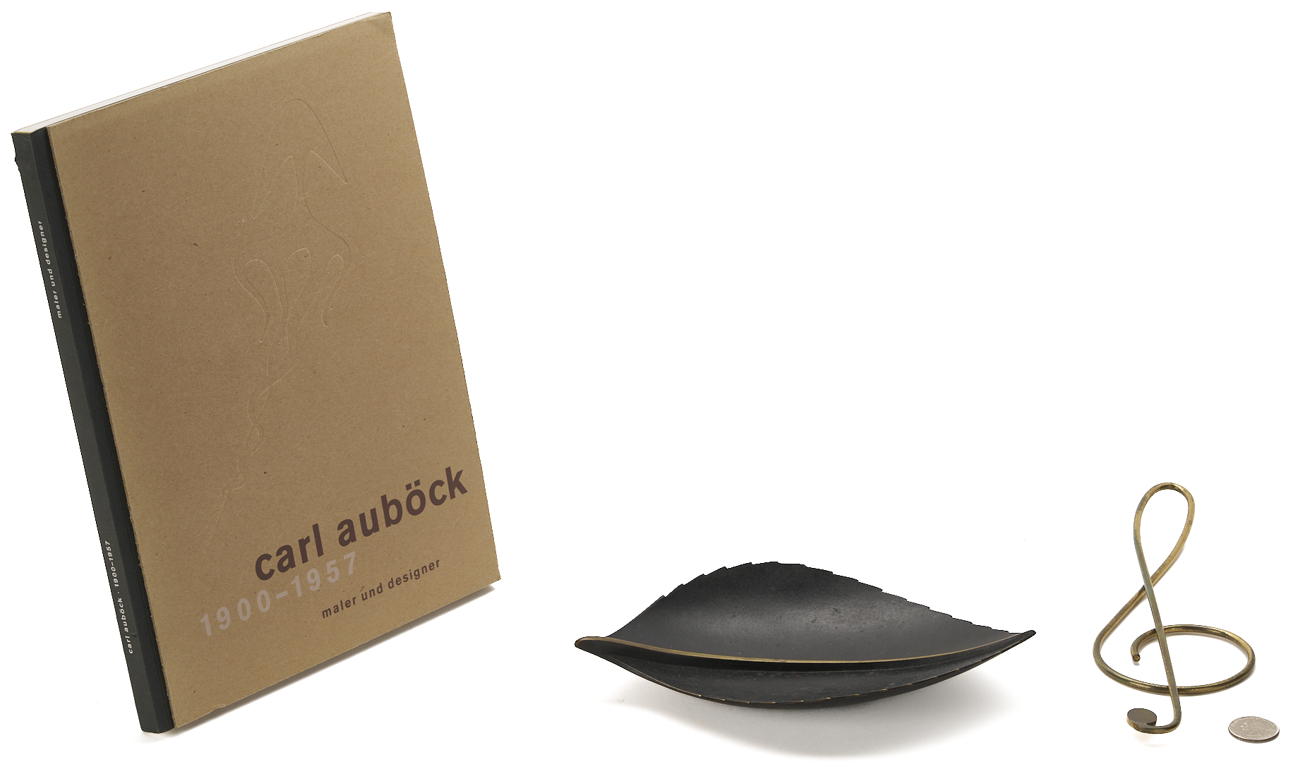 Lot 1054: 3 Carl Aubock Pieces, incl. Exhibition Book, Leaf Dish, and Treble Clef Paperclip