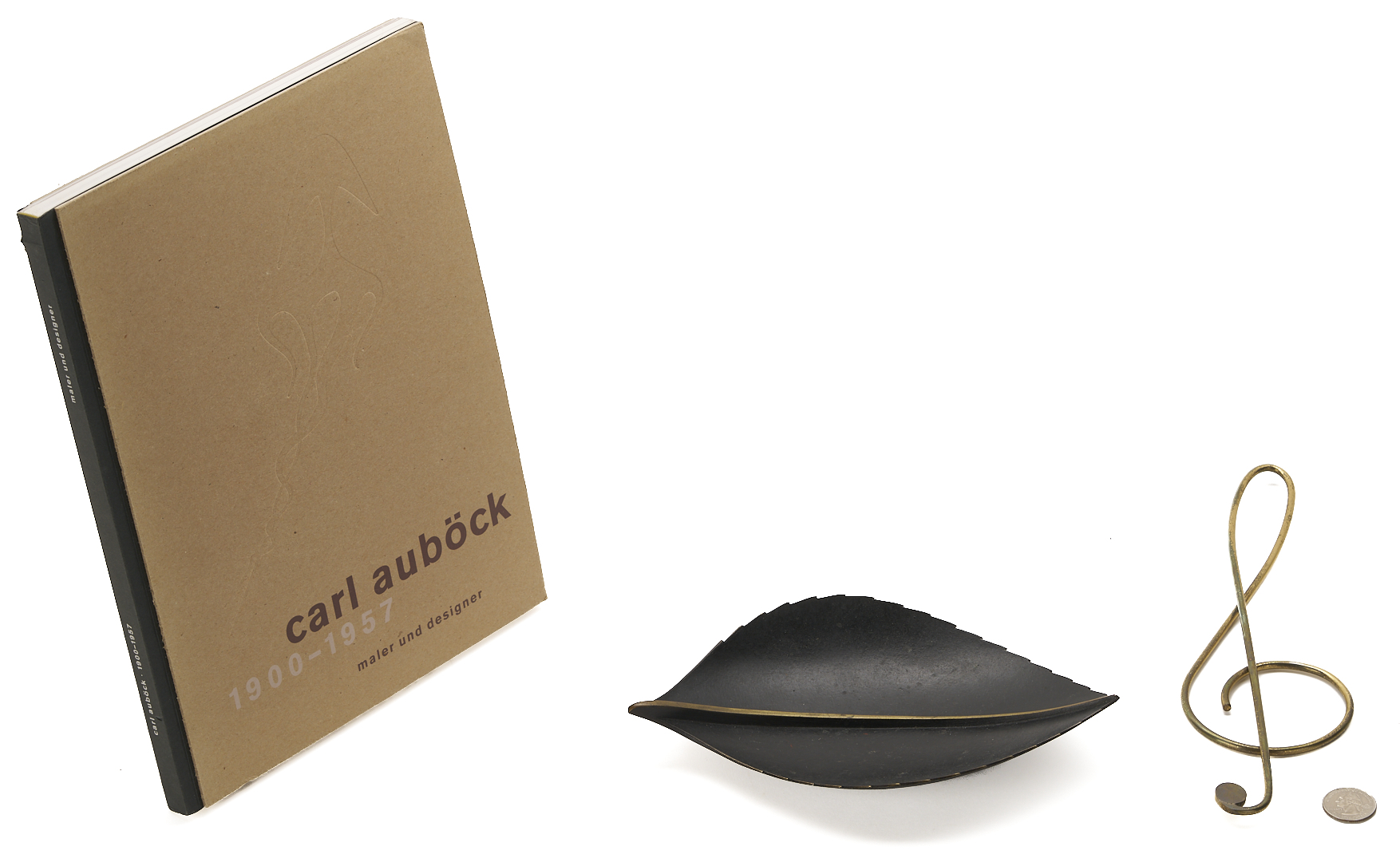 Lot 1054: 3 Carl Aubock Pieces, incl. Exhibition Book, Leaf Dish, and Treble Clef Paperclip