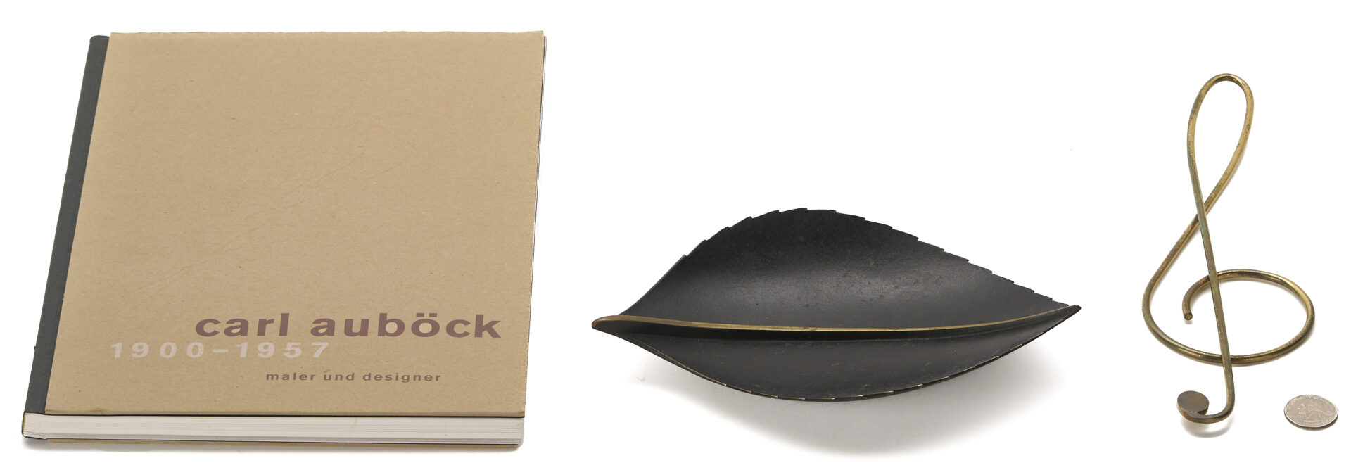 Lot 1054: 3 Carl Aubock Pieces, incl. Exhibition Book, Leaf Dish, and Treble Clef Paperclip