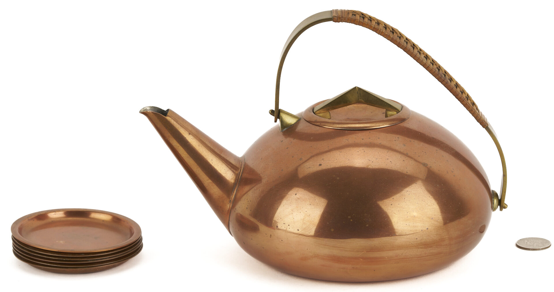 Lot 1056: Copper Kettle and 6 Copper Saucers, Attr. Carl Aubock