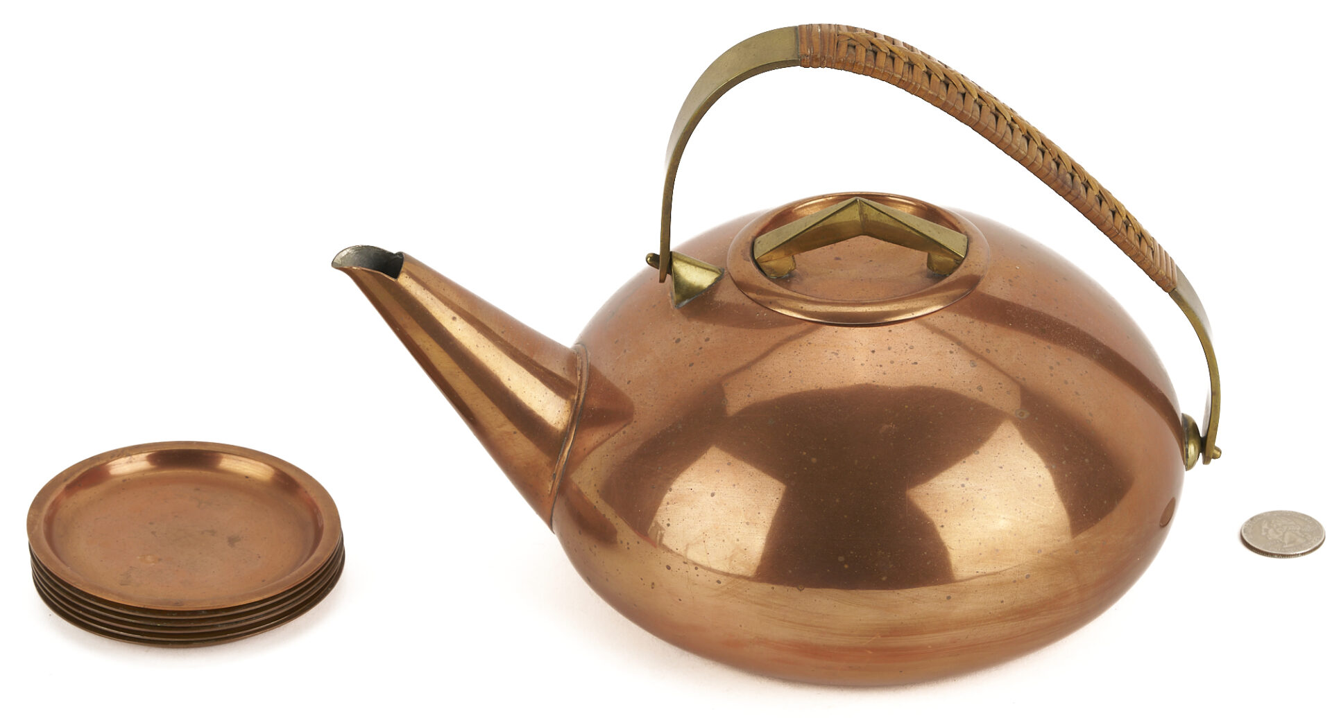 Lot 1056: Copper Kettle and 6 Copper Saucers, Attr. Carl Aubock