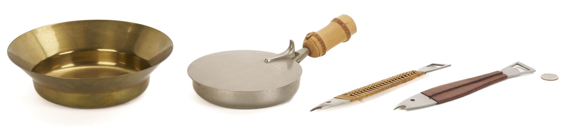Lot 1057: 4 Pc. Carl Aubock – 2 Fish Bottle Openers, 1 Brass Bowl, and 1 Pan-Style Ashtray