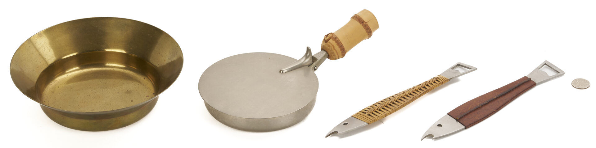 Lot 1057: 4 Pc. Carl Aubock – 2 Fish Bottle Openers, 1 Brass Bowl, and 1 Pan-Style Ashtray
