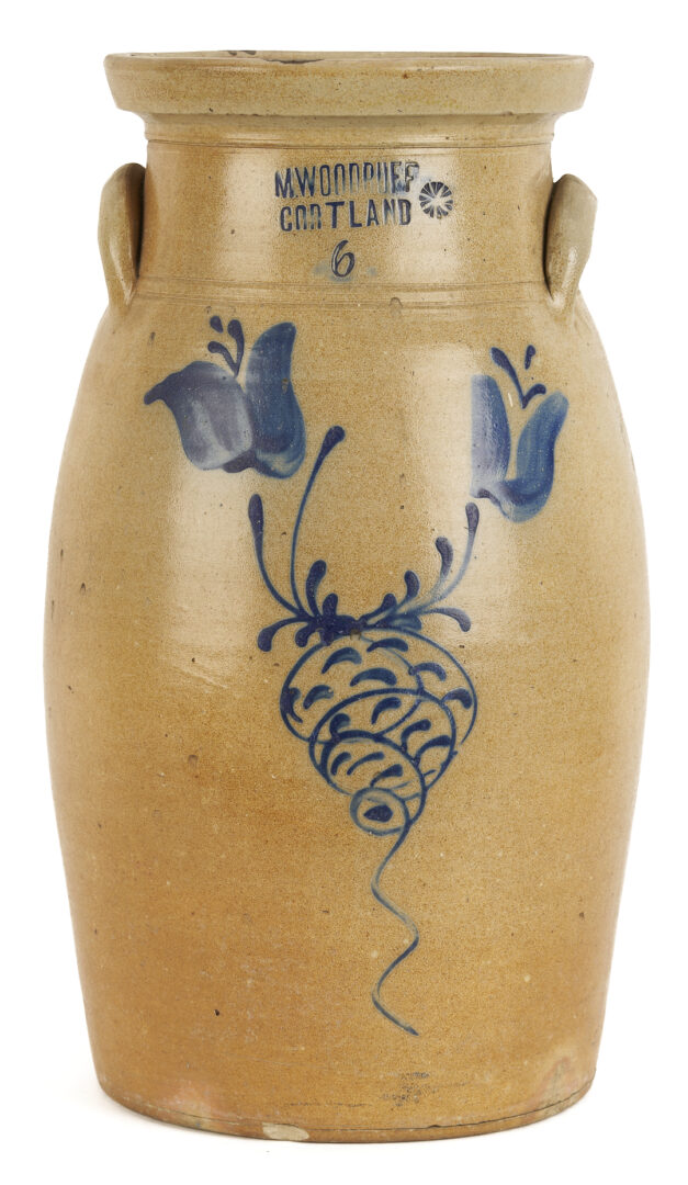 Lot 1064: 2 New York Stoneware Pottery Items: M. Woodruff Cortland & White’s Utica