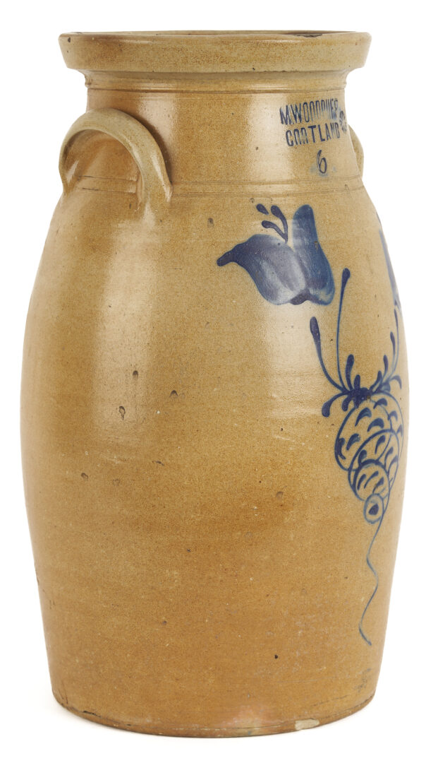 Lot 1064: 2 New York Stoneware Pottery Items: M. Woodruff Cortland & White’s Utica