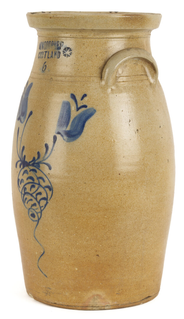 Lot 1064: 2 New York Stoneware Pottery Items: M. Woodruff Cortland & White’s Utica