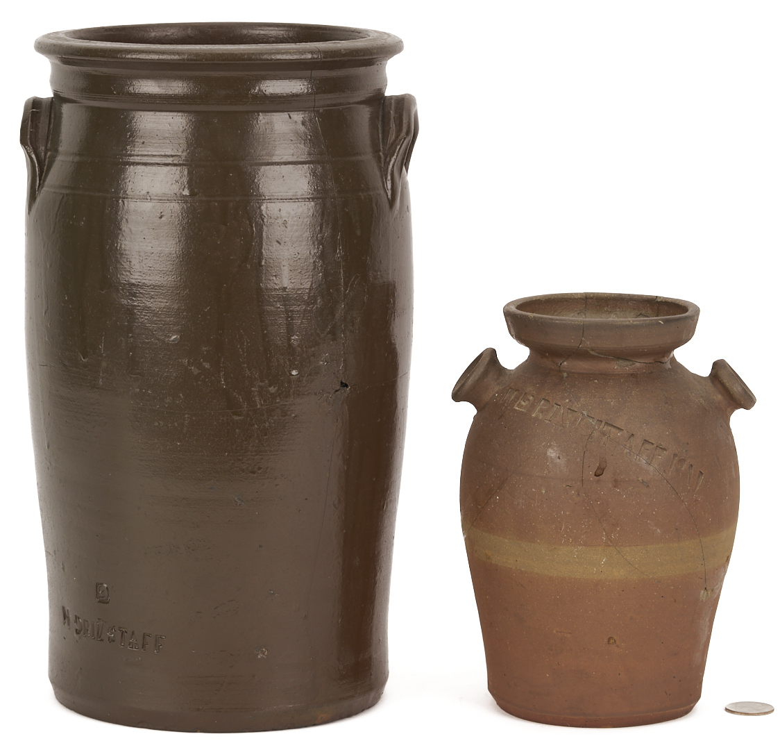 Lot 1065: 2 East TN Grindstaff Stoneware Pottery Jars, Repairs / Restoration