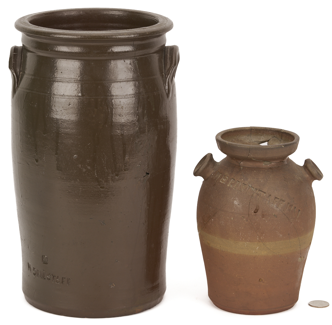 Lot 1065: 2 East TN Grindstaff Stoneware Pottery Jars, Repairs / Restoration