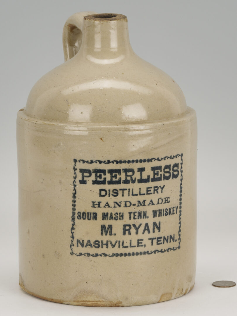 Lot 1066: Nashville Stoneware Advertising Pottery Jug, Peerless Distillery, M. Ryan