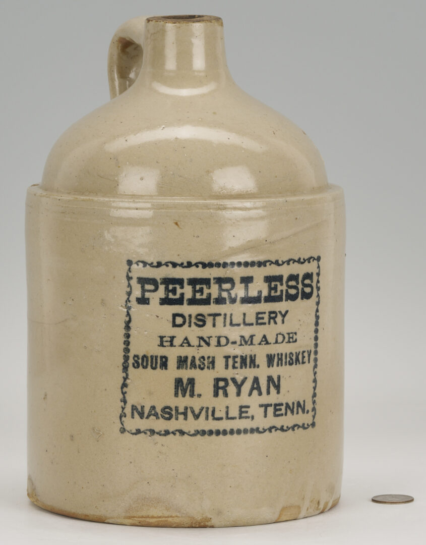Lot 1066: Nashville Stoneware Advertising Pottery Jug, Peerless Distillery, M. Ryan