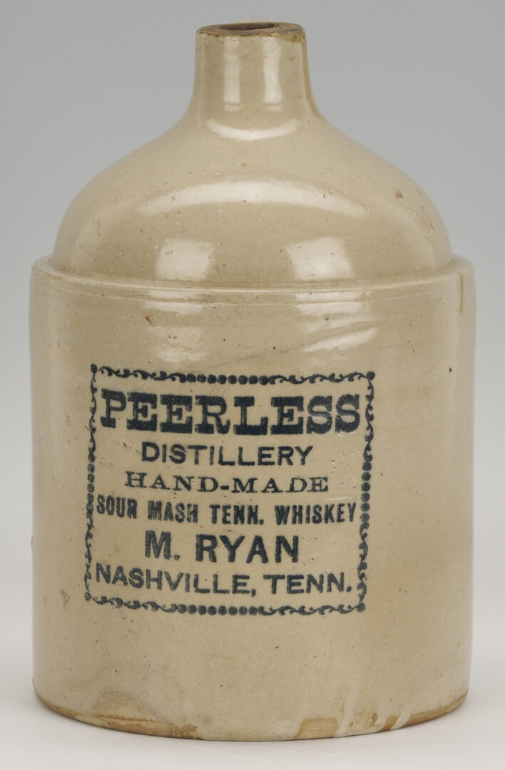 Lot 1066: Nashville Stoneware Advertising Pottery Jug, Peerless Distillery, M. Ryan