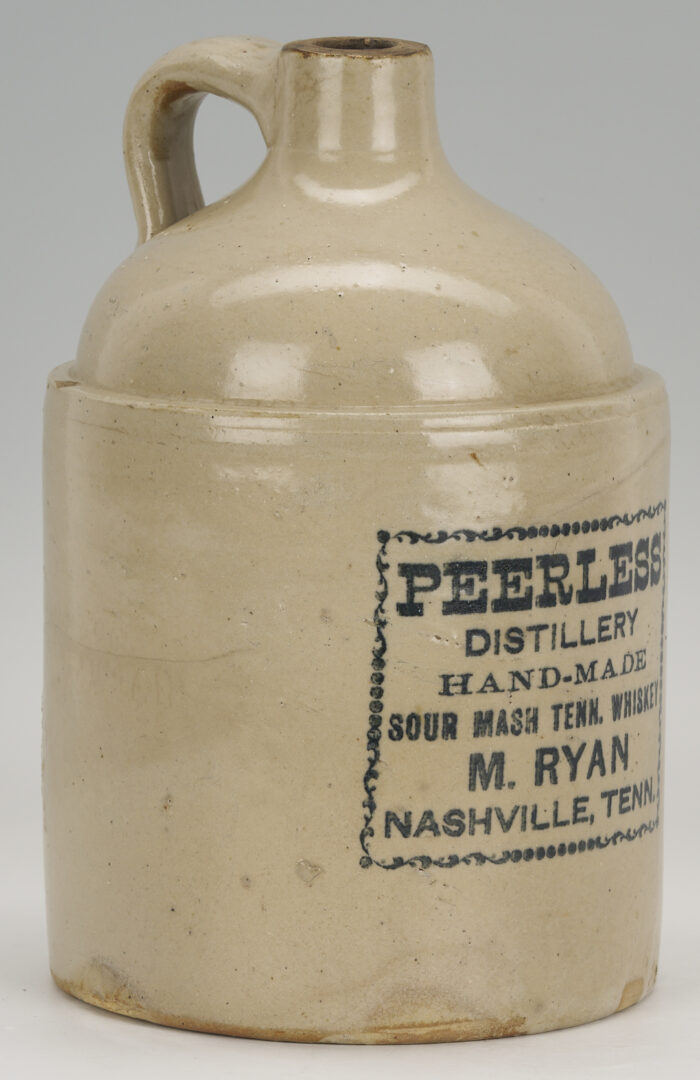 Lot 1066: Nashville Stoneware Advertising Pottery Jug, Peerless Distillery, M. Ryan
