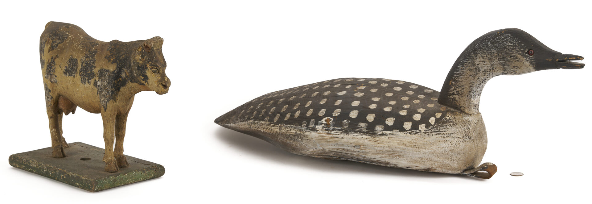 Lot 1068: Folk Art Painted Loon Decoy and Cow